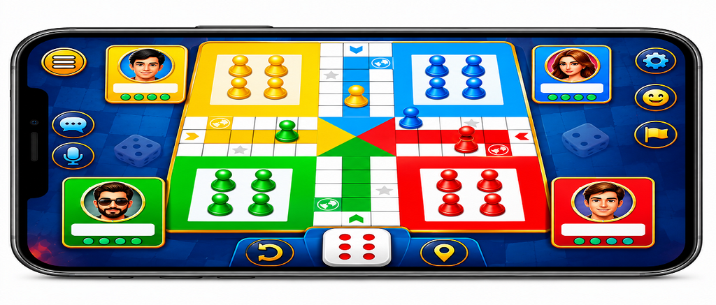 Ludo Bonus app 4 player Ludo gameplay showing board, dice and player tokens