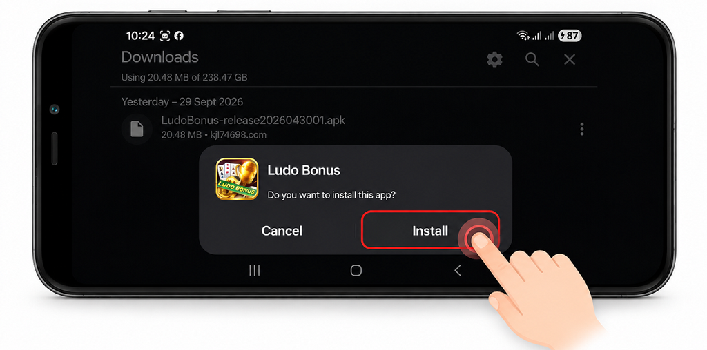 Ludo Bonus APK installation screen showing the Install button on Android