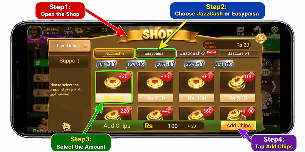 Ludo Bonus deposit steps showing JazzCash, Easypaisa, deposit amount and Add Chips button on Android
