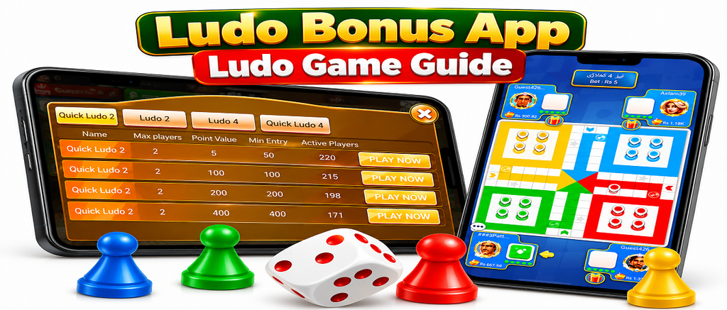 Ludo Bonus app showing 2 player and 4 player Ludo game modes, table selection and gameplay